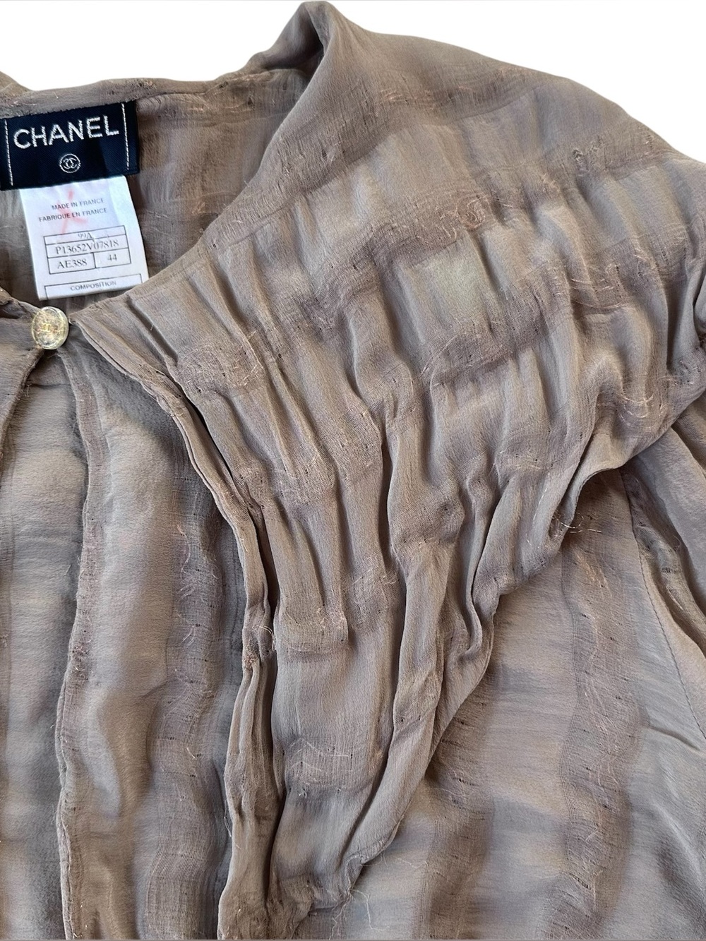 Vintage Chanel 1999A Silk Metallic Gauze Sailor Collar Blouse Taupe CC Button 44 - Picture 5 of 17